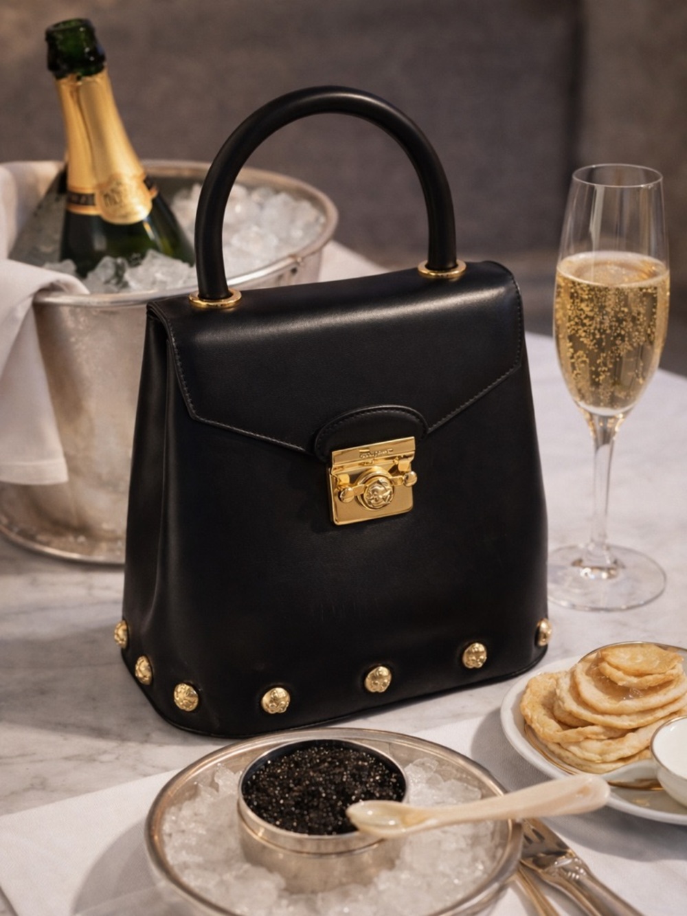 Salvatore Ferragamo Vintage Black Leather Studded Top Handle Bag Gold Ball Clasp